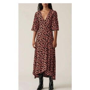 Ganni Black and Pink Floral Long Sleeve Dress, feminine